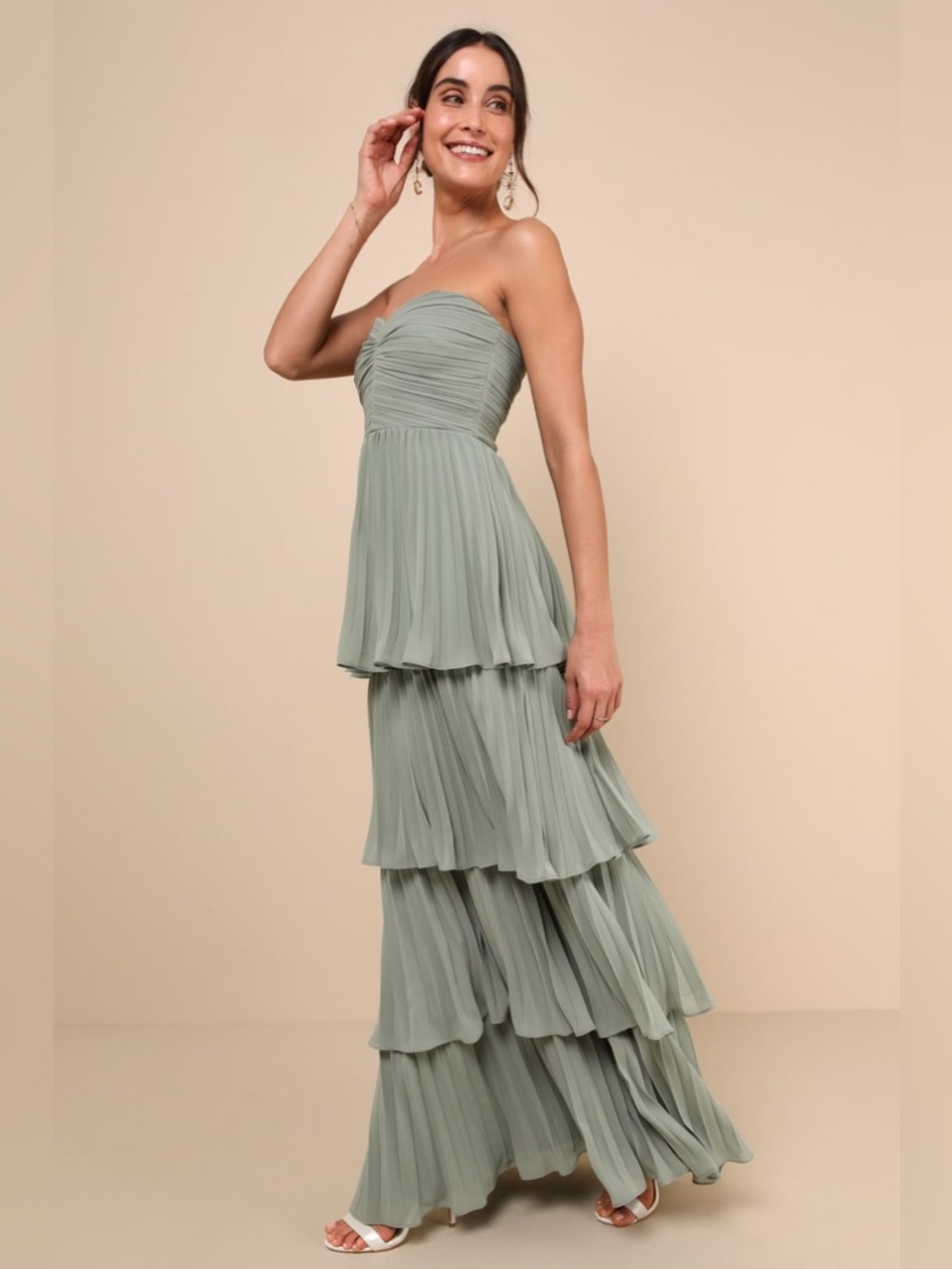 LULU'S Seriously Sensational Sage Brush Strapless Tiered Maxi Dress - Picture 4 of 6